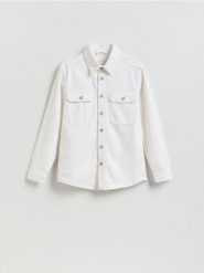 Jeansowa kurtka z dodatkiem lnu - biały. Białe kurtki Reserved, l, bez wzorów, z jeansu, bez kaptura. Za 159.99 zł.