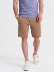 Spodenki męskie dzianinowe ze ściągaczem i kieszeniami - brązowe V2 OM-SRBS-0139 - S. Brązowe krótkie spodenki sportowe Ombre Clothing, m, bez wzorów, z bawełny. Za 83.99 zł.