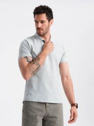 Męska koszulka polo jednokolorowa BASIC z dzianiny pique - szara V20 OM-POBS-0100 - XXL. Szare koszulki polo sportowe Ombre Clothing, l, z aplikacjami, z bawełny, bez kołnierzyka, bez ramiączek. Za 77.99 zł.