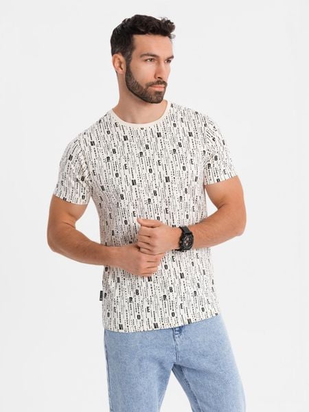 Koszulka bawełniana z nadrukiem i okrągłym dekoltem – kremowa V1 - Rozmiar: S. Białe t-shirty Ombre Clothing, m, bez wzorów, z bawełny, bez kołnierzyka, bez ramiączek. Za 109.99 zł.