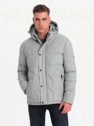 Męska casualowa kurtka puffer z wełną – jasnoszary melanż V3 OM-JAHP-0203 - XXL. Szare kurtki Ombre Clothing, l, z aplikacjami, z materiału. Za 402.99 zł.
