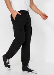 Spodnie bojówki ze stretchem i gumką w talii, Regular Fit Straight. Czarne joggery i bojówki bonprix, m, bez wzorów. Za 159.99 zł.