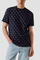 GUESS Granatowy męski t-shirt w monogram Jacquard 4G Knit, Rozmiar S. Niebieskie t-shirty Guess, m, z aplikacjami, bez kołnierzyka, bez ramiączek. Za 379.99 zł.