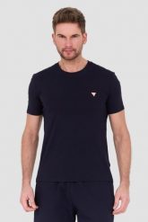 GUESS Granatowy t-shirt Core Tee. Niebieskie t-shirty Guess, l, z aplikacjami, bez kołnierzyka, bez ramiączek. W wyprzedaży za 129.99 zł.