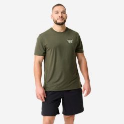 Koszulka sportowa męska Domyos. Brązowe t-shirty sportowe DOMYOS, bez wzorów, z elastanu, bez ramiączek, na fitness i siłownię. Za 69.99 zł.