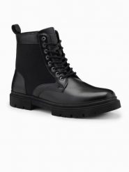Buty męskie trapery z wysoką cholewką z łączonych materiałów – czarne V1 OM-FOBO-0174 - 46. Czarne trapery Ombre Clothing, z gumy, przed kolano, bez zapięcia. Za 209.99 zł.
