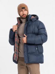 Kurtka męska puffer z podszewką w kratę – granatowa V1 - Rozmiar: S. Niebieskie kurtki Ombre Clothing, m, z aplikacjami, z bawełny, bez kaptura. W wyprzedaży za 314.99 zł.