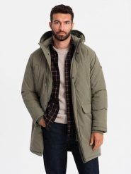 Klasyczna męska długa kurtka typu parka – oliwkowa V3 OM-JALJ-0166 - S. Zielone kurtki Ombre Clothing, m, z aplikacjami, z gumy, z kapturem. W wyprzedaży za 179.99 zł.