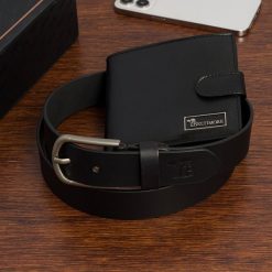 Zestaw prezentowy męski skórzany pasek portfel pudełko premium czarny Beltimore Z27. Czarne portfele bez wzorów. Za 129.99 zł.