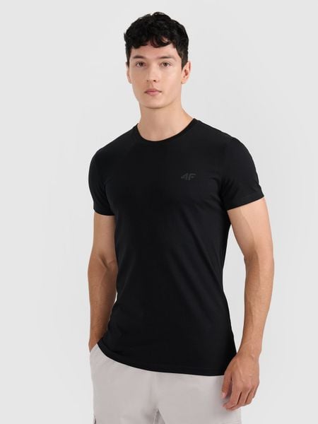 4F T-shirt slim gładki męski - czarny M. Czarne t-shirty 4F, m, bez wzorów, z bawełny, bez kołnierzyka, bez ramiączek. Za 49.99 zł.