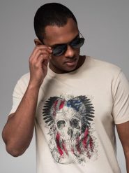 Bawełniany t-shirt męski z nadrukiem w stylu rockowym – kremowy V1 OM-TSPT-0199 - XXL. Białe t-shirty Ombre Clothing, l, bez wzorów, z bawełny, bez kołnierzyka, bez ramiączek. Za 59.99 zł.