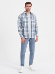Spodnie męskie jeansowe bez przetarć SLIM FIT - niebieskie V3 OM-PADP-0148 - XL. Niebieskie spodnie materiałowe Ombre Clothing, na co dzień, m, bez wzorów, z bawełny, casualowe. W wyprzedaży za 89.99 zł.