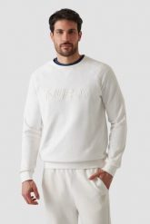 GUESS Biała męska bluza New Aldwin, Rozmiar XL. Białe bluzy Guess, m, z aplikacjami, bez kaptura. W wyprzedaży za 197.99 zł.