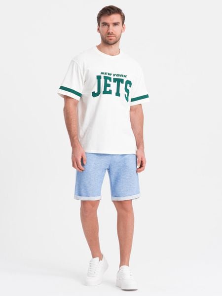 Spodenki męskie z tkaniny melanżowej LOOSE FIT - jasnoniebieskie V1 - Rozmiar: XXL. Niebieskie szorty Ombre Clothing, m, bez wzorów, z bawełny. W wyprzedaży za 39.99 zł.