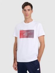 4F T-shirt regular z nadrukiem męski - biały S. Białe t-shirty 4F, m, bez wzorów, z bawełny, bez kołnierzyka, bez ramiączek. Za 69.99 zł.