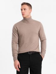 Męski dzianinowy golf z wiskozą – ciemnobeżowy melanż V3 OM-SWTN-0127 - XXL. Brązowe golfy Ombre Clothing, l, bez wzorów, z dzianiny, bez ramiączek. Za 77.99 zł.