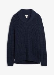 Gruby sweter ze stójką, o strukturze waflowej. Niebieskie swetry nierozpinane bonprix, m, bez wzorów, bez kołnierzyka, bez ramiączek. Za 114.99 zł.