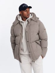 Mocno ocieplana męska kurtka typu puffer w pepitkę – brązowa V1 OM-JAHP-0174 - XXL. Brązowe kurtki Ombre Clothing, l, z aplikacjami, z materiału, bez kaptura. W wyprzedaży za 299.99 zł.