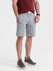 Męskie dzianinowe spodenki ze ściągaczem i kieszeniami - szare V8 OM-SRBS-0139 - XL. Szare krótkie spodenki sportowe Ombre Clothing, l, bez wzorów, z bawełny. Za 83.99 zł.
