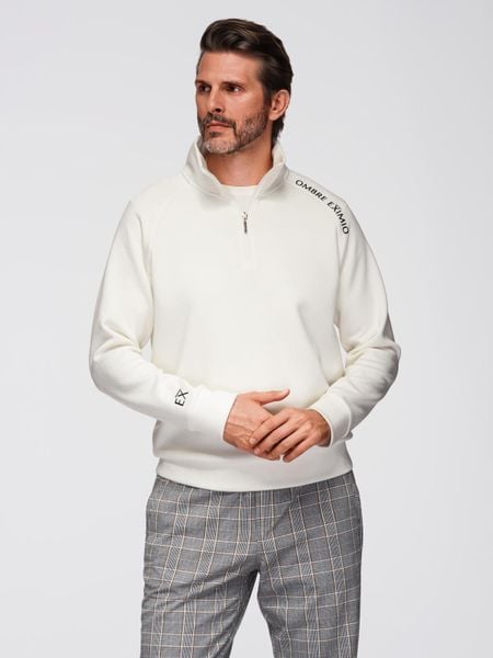 Męska bluza z rozpinaną wysoką stójką i kontrastowym nadrukiem – ecru V2 - Rozmiar: S. Bluzy Ombre Clothing, m, bez wzorów, z dzianiny, bez kaptura. Za 189.99 zł.