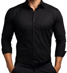 Czarna elastyczna koszula męska z długim rękawem VILLARO L06. Czarne koszule Mmer / Villaro - Koszule męskie, l, bez wzorów, z bawełny, bez kołnierzyka, bez ramiączek. W wyprzedaży za 148.50 zł.