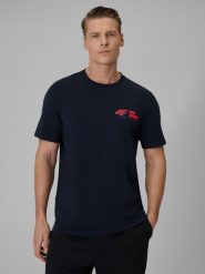 4F T-shirt regular gładki męski - granatowy L. Niebieskie t-shirty 4F, l, bez wzorów, z dresówki, bez kołnierzyka, bez ramiączek. Za 69.99 zł.