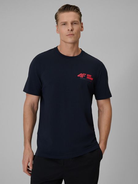 4F T-shirt regular gładki męski - granatowy L. Niebieskie t-shirty 4F, l, bez wzorów, z dresówki, bez kołnierzyka, bez ramiączek. Za 69.99 zł.