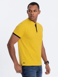 Męska koszulka polo bez kołnierzyka - żółta V9 OM-TSCT-0156 - XXL. Żółte koszulki polo sportowe Ombre Clothing, l, bez wzorów, z bawełny, bez kołnierzyka, bez ramiączek. W wyprzedaży za 39.99 zł.