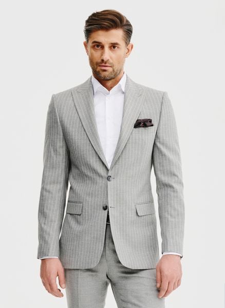 PAKO LORENTE - Marynarka garniturowa w prążek. Szare garnitury Pako Lorente, m, bez wzorów, z elastanu, młodzieżowe. Za 499.99 zł.