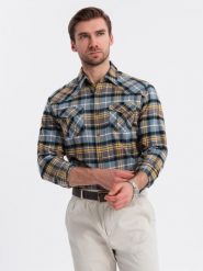 Męska flanelowa koszula w kratę z kieszeniami - szaro-żółta V1 OM-SHCS-0149 - XXL. Szare koszule Ombre Clothing, l, bez wzorów, z bawełny, bez kołnierzyka, bez ramiączek. W wyprzedaży za 79.99 zł.