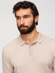 Koszulka męska polo z wiskozą SLIM FIT w pionowy prążek – beżowa V2 - Rozmiar: XXL. Brązowe koszulki polo sportowe Ombre Clothing, m, bez wzorów, z dzianiny, bez kołnierzyka, bez ramiączek. W wyprzedaży za 73.50 zł.