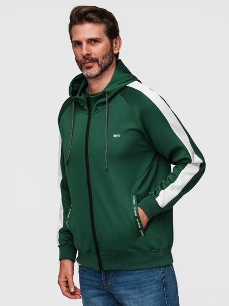 Rozpinana męska bluza z kapturem i lampasami - ciemnozielona V7. Zielone bluzy z kapturem Ombre Clothing, m, z aplikacjami, z dzianiny, z kapturem. Za 189.99 zł.