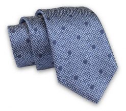 Niebieski Melanżowy Elegancki Męski Krawat -ALTIES- 7cm, Stylowy, Klasyczny, w Granatowe Kropki. Niebieskie krawaty i muchy Alties, bez wzorów, z tkaniny. Za 49.00 zł.