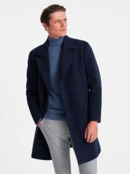 Dwurzędowy męski płaszcz z podszewką - granatowy V3 OM-COWC-0107 - M. Niebieskie płaszcze Ombre Clothing, m, bez wzorów, z poliesteru, bez kaptura. W wyprzedaży za 199.99 zł.
