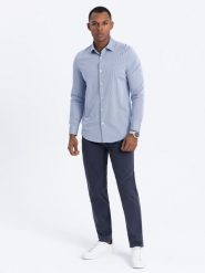 Spodnie męskie chino o dopasowanym kroju - ciemnoniebieskie V4 OM-PACP-0151 - XXL. Niebieskie eleganckie spodnie Ombre Clothing, na co dzień, l, z bawełny. Za 179.99 zł.