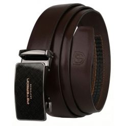 Skórzany, solidny pasek męski w ciemnobrązowym kolorze z automatyczną klamrą Peterson PTN A001 D.BROWN. Brązowe paski Peterson, bez wzorów, ze skóry, eleganckie. Za 89.99 zł.