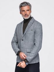 Marynarka męska o kroju REGULAR z lnem - grafitowa V5 - Rozmiar: L. Czarne garnitury Ombre Clothing, do pracy, l, bez wzorów, z jeansu, biznesowe. Za 419.99 zł.