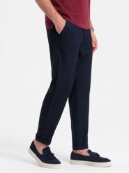 Męskie spodnie chino z gumką w pasie SLIM FIT - granatowe V3 OM-PACP-0157 - XXL. Niebieskie eleganckie spodnie Ombre Clothing, na co dzień, l, z elastanu, casualowe. W wyprzedaży za 219.99 zł.