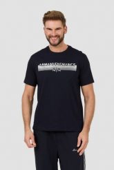 ARMANI EXCHANGE Granatowy t-shirt ze srebrnym logo. Niebieskie t-shirty Armani Exchange, l, bez wzorów, bez kołnierzyka, bez ramiączek. W wyprzedaży za 228.99 zł.
