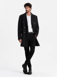 Męski dwurzędowy płaszcz z ozdobnymi guzikami – czarny V2 OM-COWC-0109 - XXL. Czarne płaszcze Ombre Clothing, l, bez wzorów, z materiału, eleganckie, bez kaptura. Za 299.99 zł.