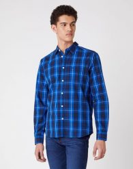 MĘSKA KOSZULA W KRATE WRANGLER LS 1PKT SHIRT VICTORIA BLUE W5A14MXJS 112129959. Niebieskie koszule Wrangler, m, bez wzorów, bez kołnierzyka, bez ramiączek. Za 129.99 zł.