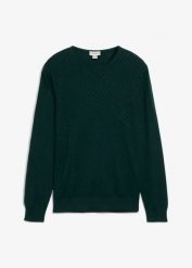 Cienki sweter z wysokogatunkową wełną merino. Niebieskie swetry nierozpinane bonprix, m, bez wzorów, z bawełny, bez kołnierzyka, bez ramiączek. Za 127.99 zł.