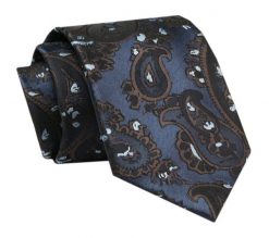 Męski Krawat - ALTIES - Klasyczny - Granatowy z Brązowym Motywem Paisley. Niebieskie krawaty i muchy Alties, bez wzorów, z tkaniny. Za 49.00 zł.