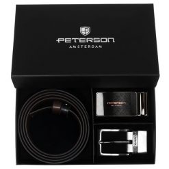 Zestaw prezentowy: dwustronny pasek skórzany w brązowym i czarnym kolorze z dwoma wymiennymi klamrami Peterson PTN KL-B001S001. Brązowe paski Peterson, bez wzorów, ze skóry, eleganckie. Za 139.99 zł.