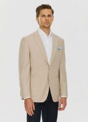 PAKO LORENTE – Beżowa marynarka męska bez podszewki. Brązowe garnitury Pako Lorente, na co dzień, m, bez wzorów, z jeansu. Za 349.99 zł.