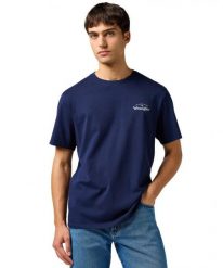 MESKA KOSZULKA WRANGLER GRAPHIC TEE NAVY 112362367. Niebieskie t-shirty Wrangler, m, bez wzorów, bez kołnierzyka, bez ramiączek. Za 79.99 zł.