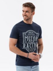 T-shirt męski bawełniany z nadrukiem - granatowy V4 S1735 - S. Niebieskie t-shirty Ombre Clothing, m, bez wzorów, z bawełny, bez kołnierzyka, bez ramiączek. W wyprzedaży za 19.99 zł.