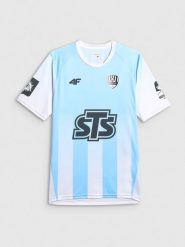 4F Koszulka klubowa wyjazdowa z sezonu 2025/26 z możliwością personalizacji męska 4F x Mazur Radzymin - niebieska L. Czarne t-shirty 4F, l, bez wzorów, z dzianiny, bez kołnierzyka, bez ramiączek. Za 229.99 zł.