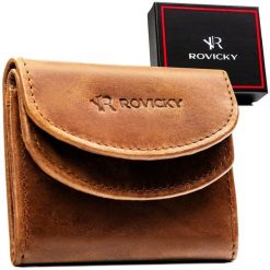 Mały, brązowy, skórzany portfel męski zamykany zatrzaskiem - Rovicky. Brązowe portfele ROVICKY, bez wzorów, ze skóry. Za 34.99 zł.