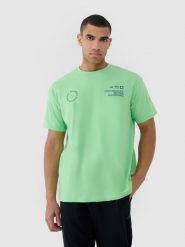 4F T-shirt oversize z nadrukiem męski - zielony S. Zielone t-shirty 4F, m, bez wzorów, z bawełny, bez kołnierzyka, bez ramiączek. W wyprzedaży za 59.99 zł.